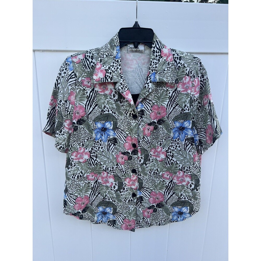 CB Collections Button Up Womens Large* Short Sleeve Floral Acetate Shoulder Pads